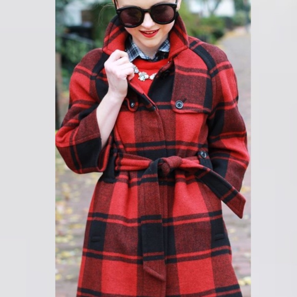 NEW GAP Christmas holiday wool red w black plaid  3/4 sleeve Jacket Coat S - Picture 1 of 17